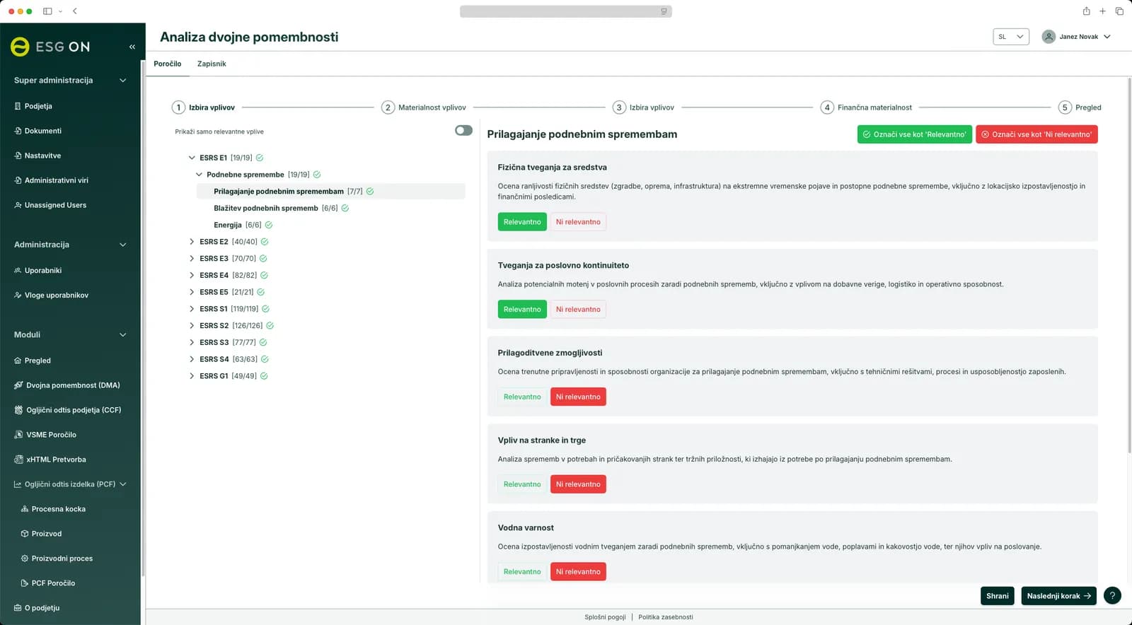 Analiza dvojne pomembnosti v platformi ESG ON: vrednotenje tveganj in priložnosti po temah ESRS